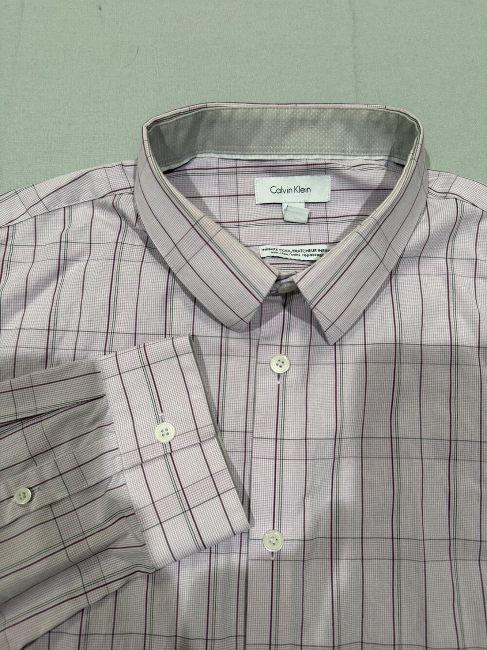 Calvin Klein Infinite Cool Non Iron Purple Plaid Button Up Shirt Men’s L Cotton